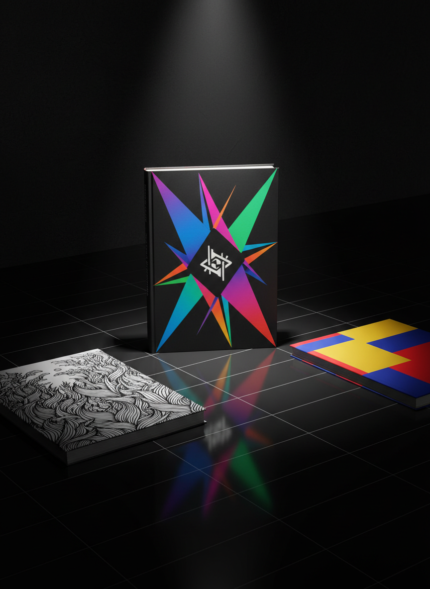 A powerful digital-art scene of a single conceptual book cover standing upright on a reflective obsidian surface, its design featuring sharp geometric forms, saturated neon gradients, and a central symbolic icon instead of text. Beside it, two partially visible covers lie flat, showcasing alternative illustration-driven styles: one with intricate line work, another with bold color blocking. A minimal grid of faint white lines extends into a dark background, hinting at layout precision and typographic structure. A narrow beam of theatrical light from above illuminates the standing cover, casting a crisp, elongated shadow and subtle reflections. Shot at a low, slightly angled perspective, the mood is bold, experimental, and gallery-like, emphasizing the artistry of book cover design within a professional portfolio.