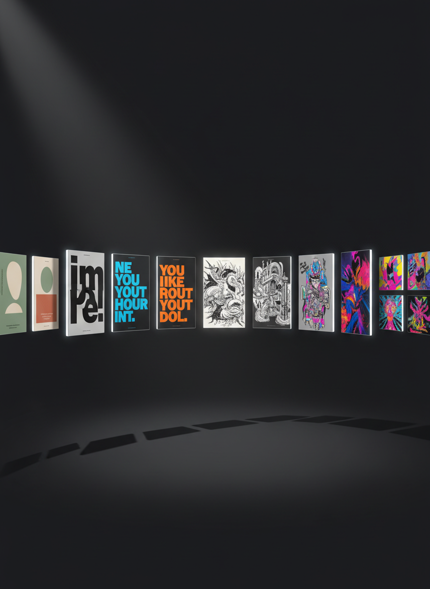 A dramatic digital-art hero image of a floating gallery wall of graphic design pieces, each panel showing a different style: minimalist book covers, bold typographic posters, intricate line-art illustrations, and vivid conceptual album art. The panels hover in a dark charcoal void with subtle glowing edges, arranged in a sweeping arc that recedes into the distance. A focused spotlight from above left carves sharp highlights and deep shadows, creating depth and intensity. The composition uses strong perspective lines, drawing the eye to a central, slightly brighter panel that suggests a featured project area. The mood is bold, confident, and highly curated, perfectly suited for a striking portfolio homepage.