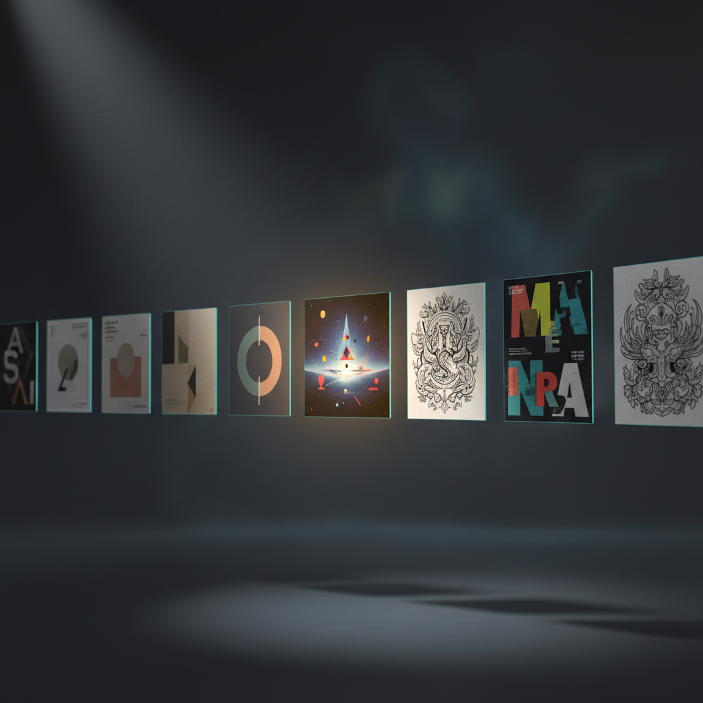 A dramatic digital-art hero image of a floating gallery wall of graphic design pieces, each panel showing a different style: minimalist book covers, bold typographic posters, intricate line-art illustrations, and vivid conceptual album art. The panels hover in a dark charcoal void with subtle glowing edges, arranged in a sweeping arc that recedes into the distance. A focused spotlight from above left carves sharp highlights and deep shadows, creating depth and intensity. The composition uses strong perspective lines, drawing the eye to a central, slightly brighter panel that suggests a featured project area. The mood is bold, confident, and highly curated, perfectly suited for a striking portfolio homepage.