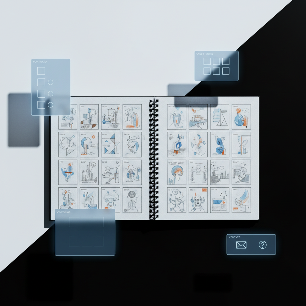 A digital-art composition of an open sketchbook lying on a spotless, high-contrast black-and-white desk surface, its pages filled with refined thumbnail concepts for book covers and illustrations. Each sketch is neatly framed, showing evolving designs from rough shapes to polished miniatures. Around the sketchbook, organized sections of the workspace are suggested through hovering translucent panels that echo UI layout blocks for portfolio sections, case studies, and a contact form, rendered as abstract rectangles with subtle icons instead of readable text. Cool, directional studio lighting from the right creates crisp shadows and emphasizes the paper’s texture. Captured from a top-down bird’s-eye view, the mood is methodical yet creative, highlighting process, structure, and bold design thinking.