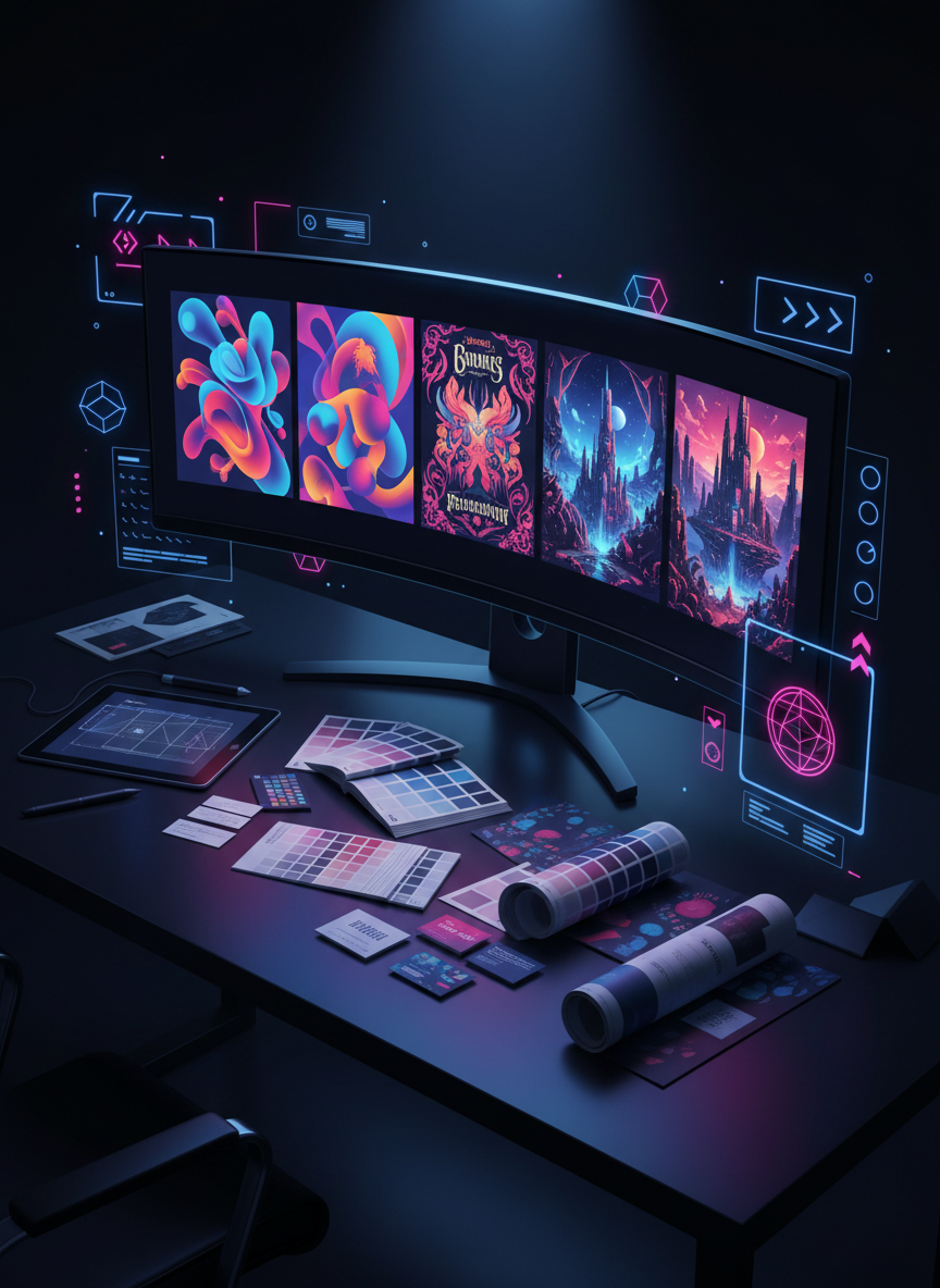 A bold digital-art collage of a graphic designer’s workspace, featuring a sleek ultra-wide monitor displaying vibrant abstract poster designs, intricate book covers, and detailed illustrations arranged in a grid. Around it, a tablet with a pressure-sensitive stylus, color swatch books, and scattered printed mockups overlap on a matte black desk. Neon-accented interface elements and floating geometric shapes subtly frame the scene. Lit by a high-contrast combination of cool screen glow and a sharp overhead spotlight, the space feels energetic and focused. Shot from a slightly elevated three-quarter angle with crisp focus throughout, emphasizing organization and creativity. The mood is dynamic and professional, showcasing the breadth of a graphic design portfolio in a clean, modern digital-art style.