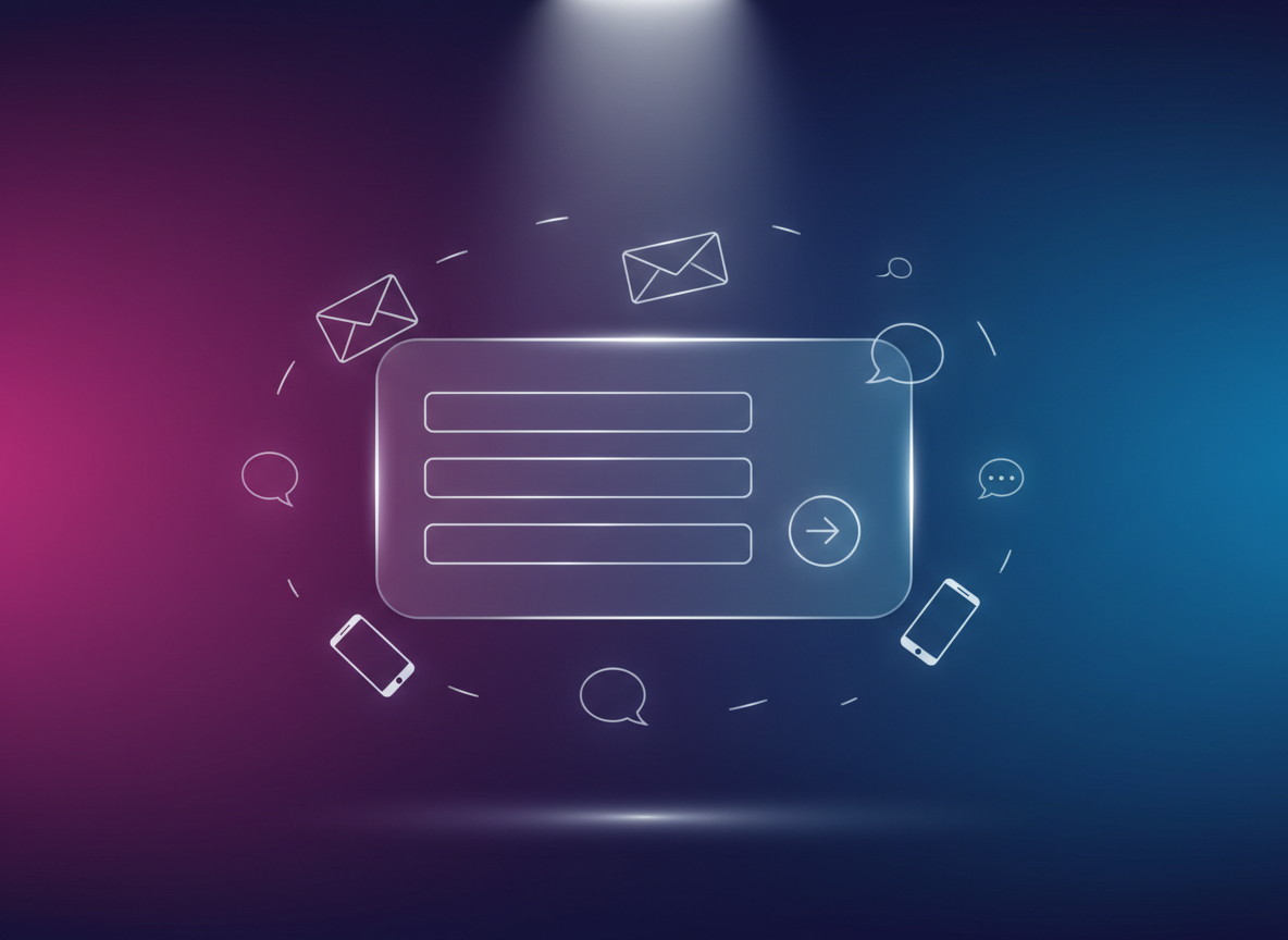 A sleek digital-art illustration of an abstract contact and inquiry area for a graphic design portfolio, depicted as a floating, semi-transparent glass panel hovering above a deep, saturated gradient background of magenta, cyan, and indigo. Within the panel, non-legible, icon-based shapes suggest input fields and send buttons, arranged with precise grid spacing and alignment. Around it, stylized vector envelopes, speech bubbles, and minimalist devices orbit in a circular motion, subtly glowing. Soft rim lighting outlines the panel’s edges, while a gentle spotlight from the top center creates a luminous focal point. Framed using the rule of thirds with generous negative space, the atmosphere is clean, futuristic, and inviting, emphasizing easy communication with a bold graphic flair.